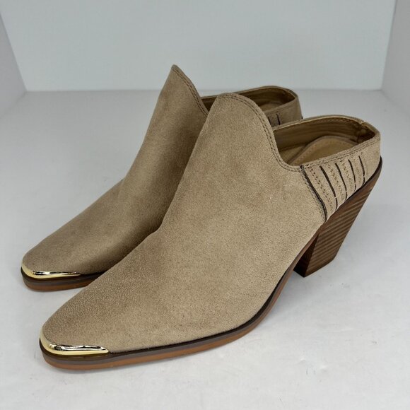 C Comfort Womens Tan Suede Block Heel Gold Pointed Toe Tip Slip On Size 7 Mules - Picture 1 of 10